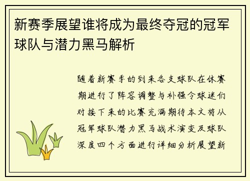 新赛季展望谁将成为最终夺冠的冠军球队与潜力黑马解析