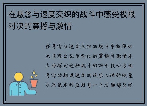 在悬念与速度交织的战斗中感受极限对决的震撼与激情
