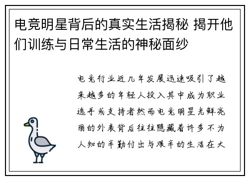 电竞明星背后的真实生活揭秘 揭开他们训练与日常生活的神秘面纱