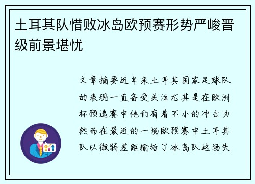 土耳其队惜败冰岛欧预赛形势严峻晋级前景堪忧