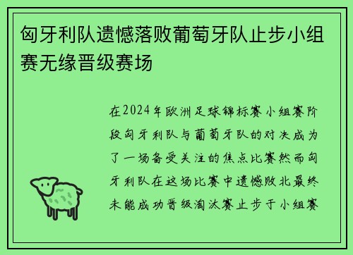 匈牙利队遗憾落败葡萄牙队止步小组赛无缘晋级赛场
