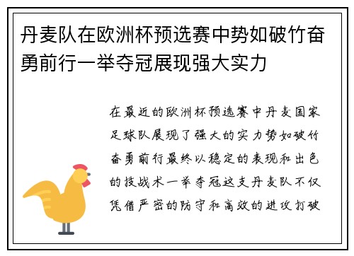 丹麦队在欧洲杯预选赛中势如破竹奋勇前行一举夺冠展现强大实力