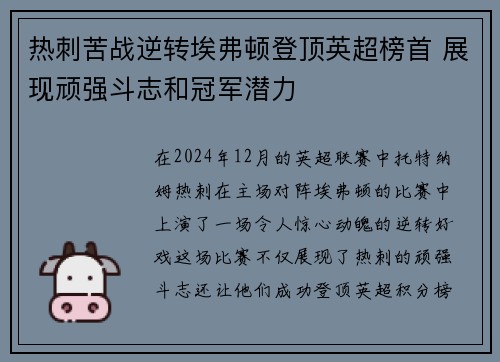 热刺苦战逆转埃弗顿登顶英超榜首 展现顽强斗志和冠军潜力