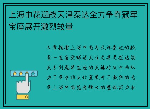 上海申花迎战天津泰达全力争夺冠军宝座展开激烈较量