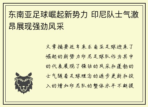 东南亚足球崛起新势力 印尼队士气激昂展现强劲风采