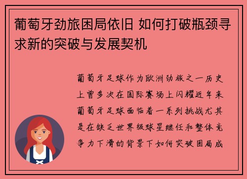葡萄牙劲旅困局依旧 如何打破瓶颈寻求新的突破与发展契机