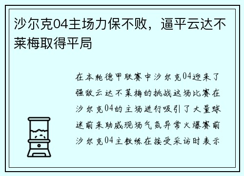 沙尔克04主场力保不败，逼平云达不莱梅取得平局