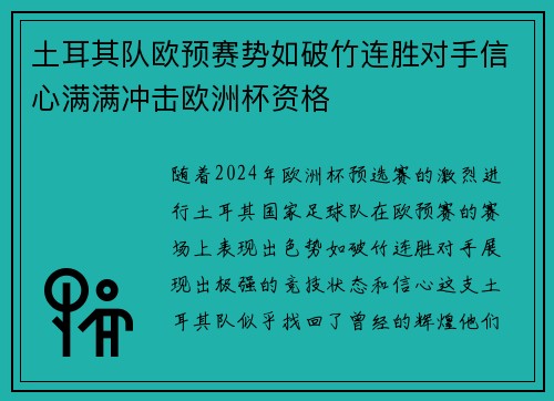土耳其队欧预赛势如破竹连胜对手信心满满冲击欧洲杯资格