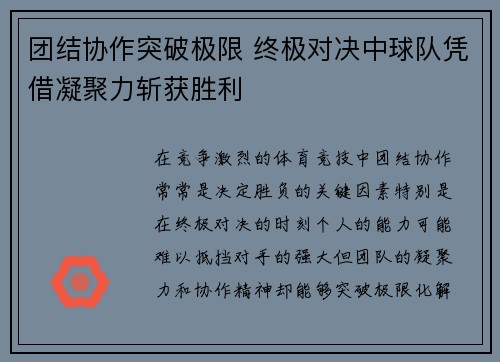 团结协作突破极限 终极对决中球队凭借凝聚力斩获胜利