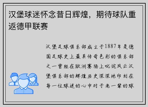 汉堡球迷怀念昔日辉煌，期待球队重返德甲联赛