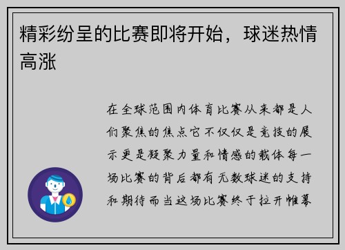 精彩纷呈的比赛即将开始，球迷热情高涨