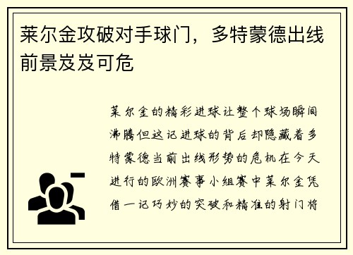 莱尔金攻破对手球门，多特蒙德出线前景岌岌可危
