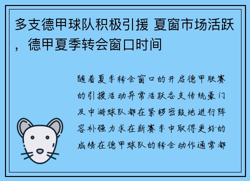 多支德甲球队积极引援 夏窗市场活跃，德甲夏季转会窗口时间