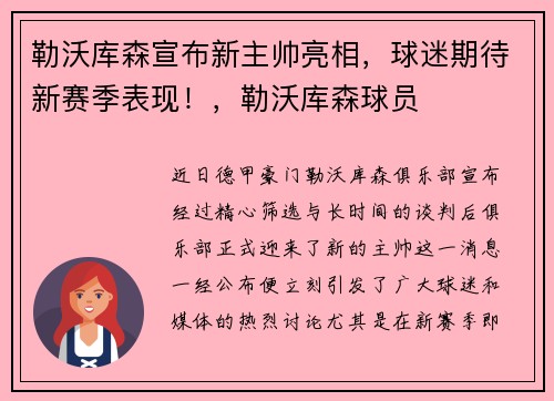 勒沃库森宣布新主帅亮相，球迷期待新赛季表现！，勒沃库森球员