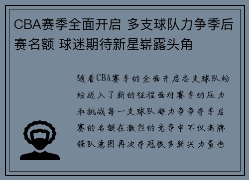 CBA赛季全面开启 多支球队力争季后赛名额 球迷期待新星崭露头角