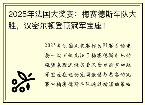 2025年法国大奖赛：梅赛德斯车队大胜，汉密尔顿登顶冠军宝座！