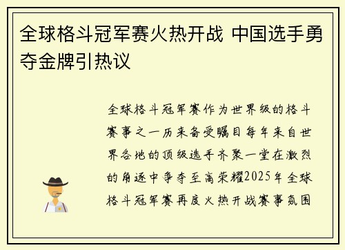 全球格斗冠军赛火热开战 中国选手勇夺金牌引热议