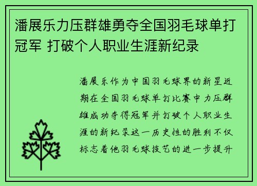 潘展乐力压群雄勇夺全国羽毛球单打冠军 打破个人职业生涯新纪录