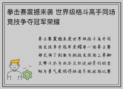 拳击赛震撼来袭 世界级格斗高手同场竞技争夺冠军荣耀